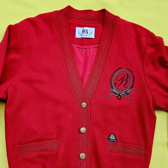 Wool Red Cardigan Women 95 Double Nine Five Lady 1980-90s - Picture 8 of 16